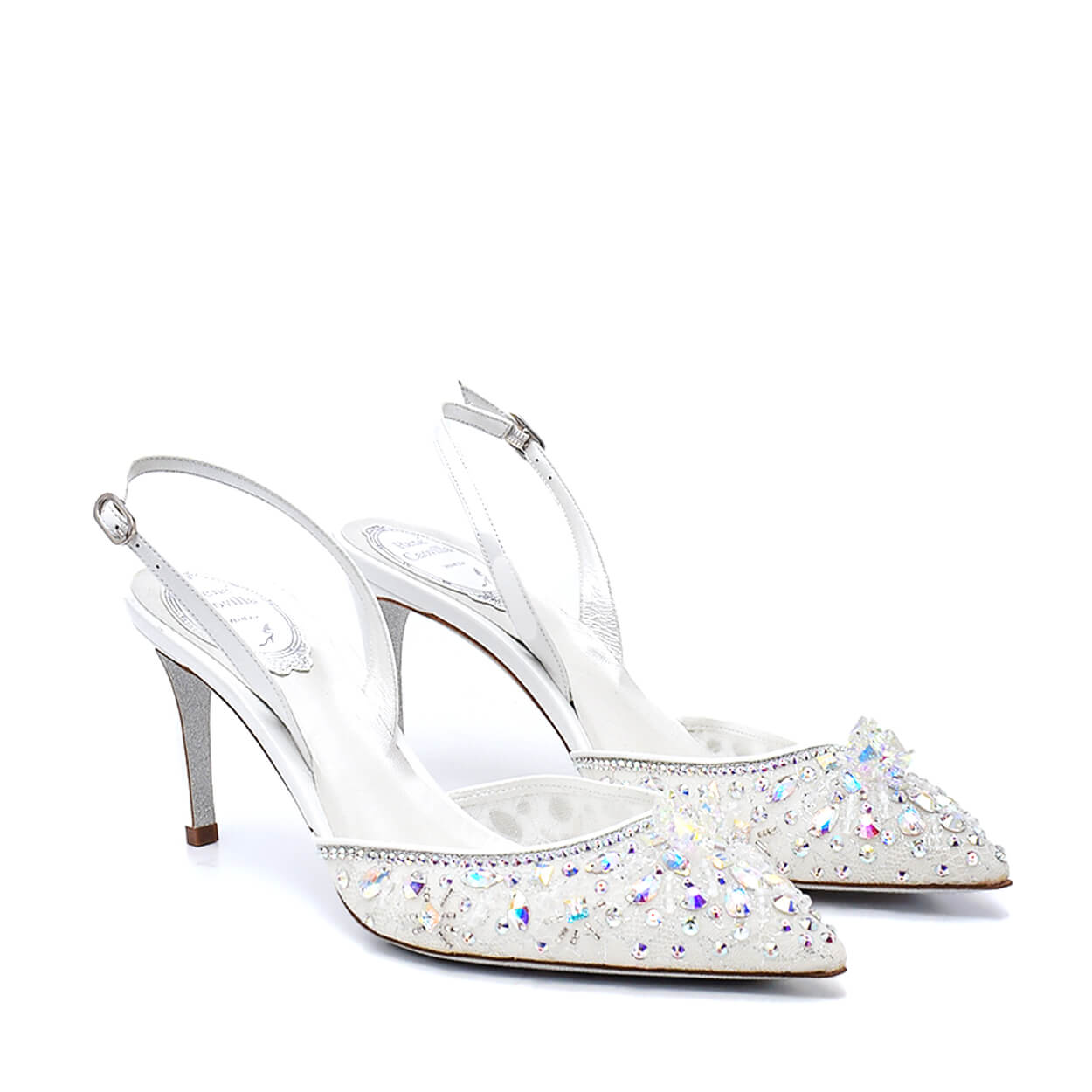 Rene Caovilla - White Crystal Embellished Lace and Leather Slingback Pumps 39